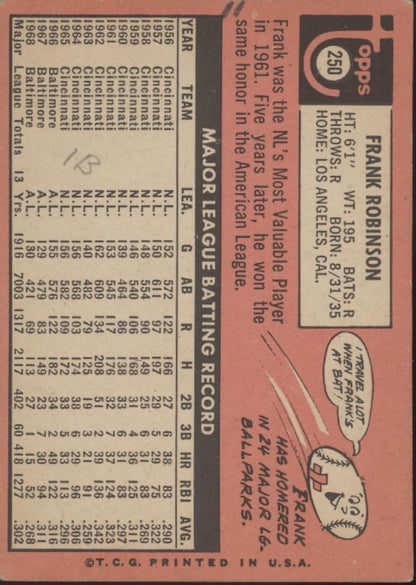 Frank Robinson 1969 Topps #250 Baltimore Orioles VG Marked - Collector Store LLC