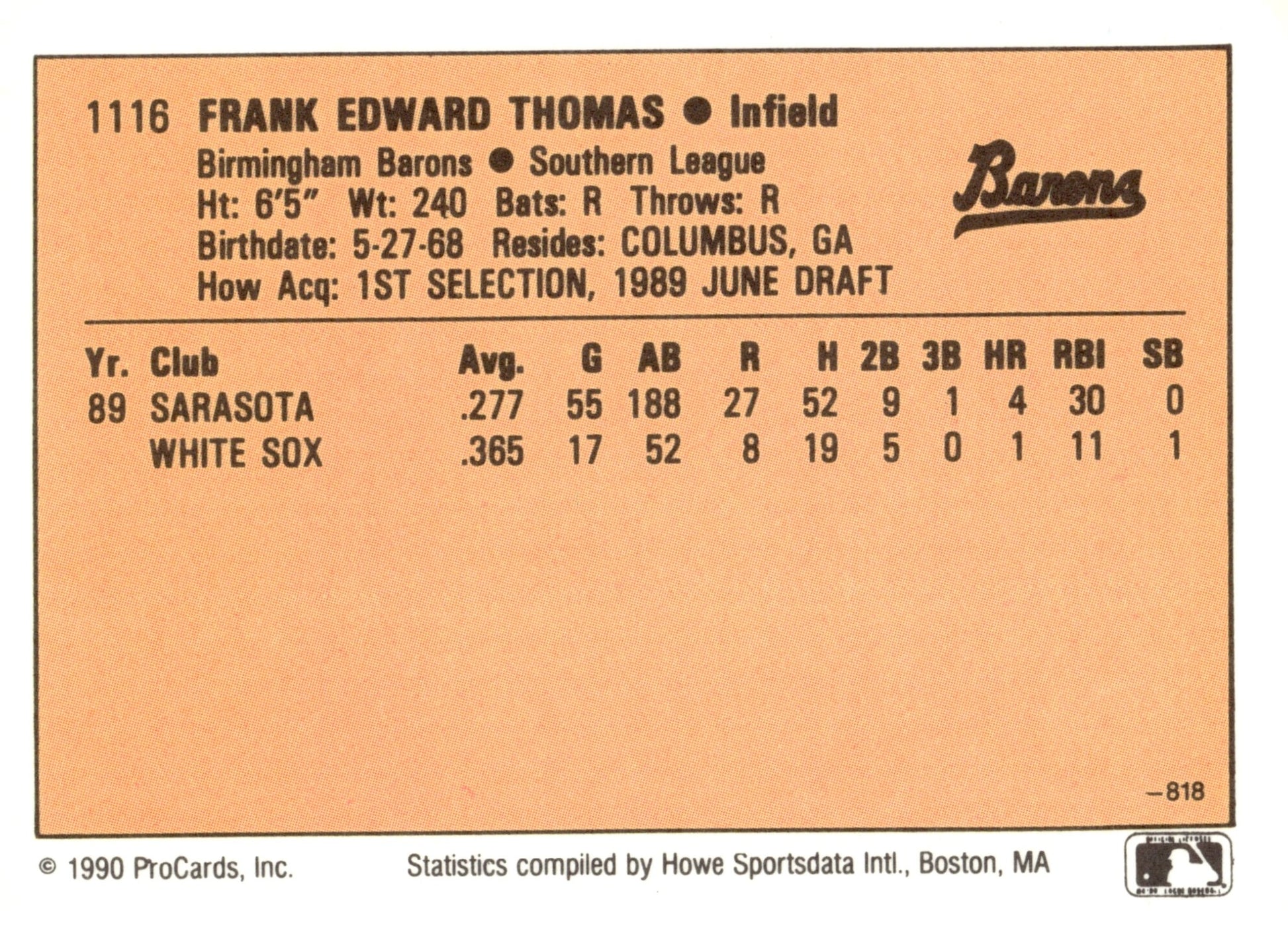 Frank Thomas 1990 ProCards #1116 - Collector Store LLC