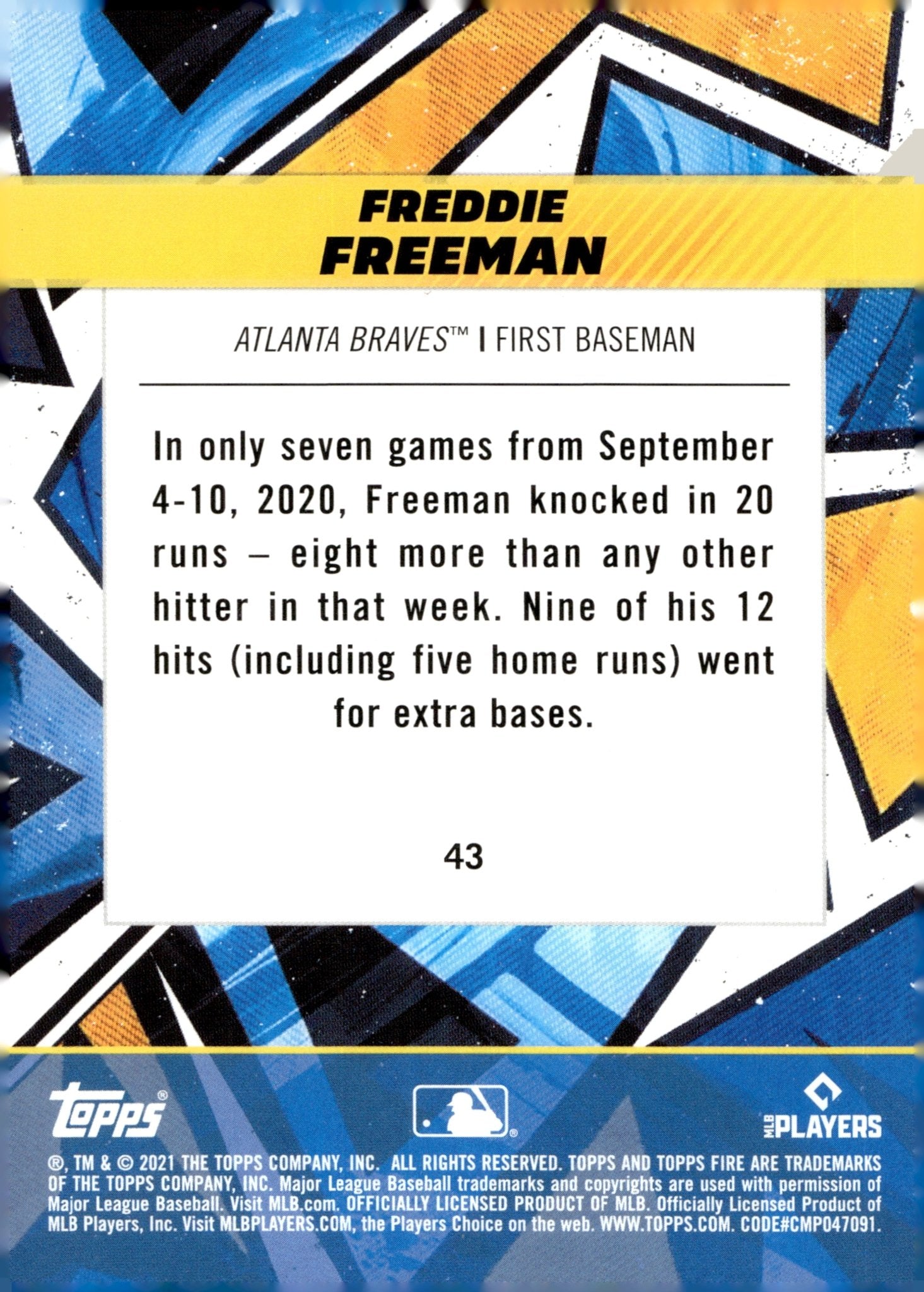 Freddie Freeman 2021 Topps Fire #43 - Collector Store LLC