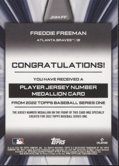 Freddie Freeman 2022 Topps Series 1 Player Jersey Number Medallion #JNM - FF - Collector Store LLC