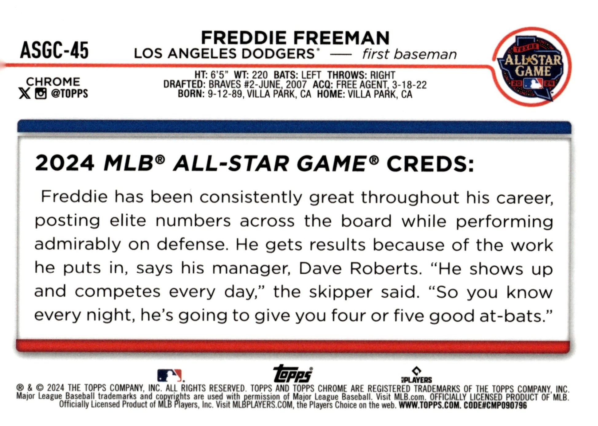 Freddie Freeman 2024 Topps Chrome All Star Game Refractor ASGC - 45 - Collector Store LLC