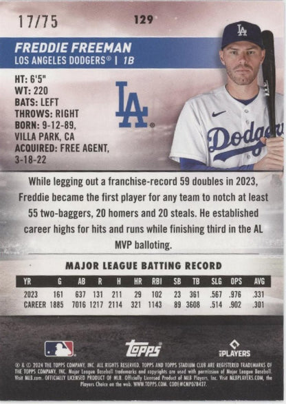 Freddie Freeman 2024 Topps Stadium Club Purple 17/75 #129 - Collector Store LLC