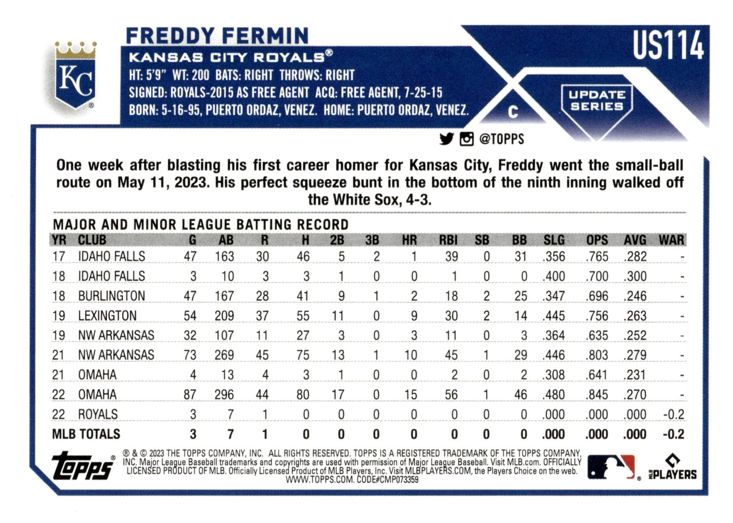 Freddy Fermin 2023 Topps Update Series RC #US114 - Collector Store LLC