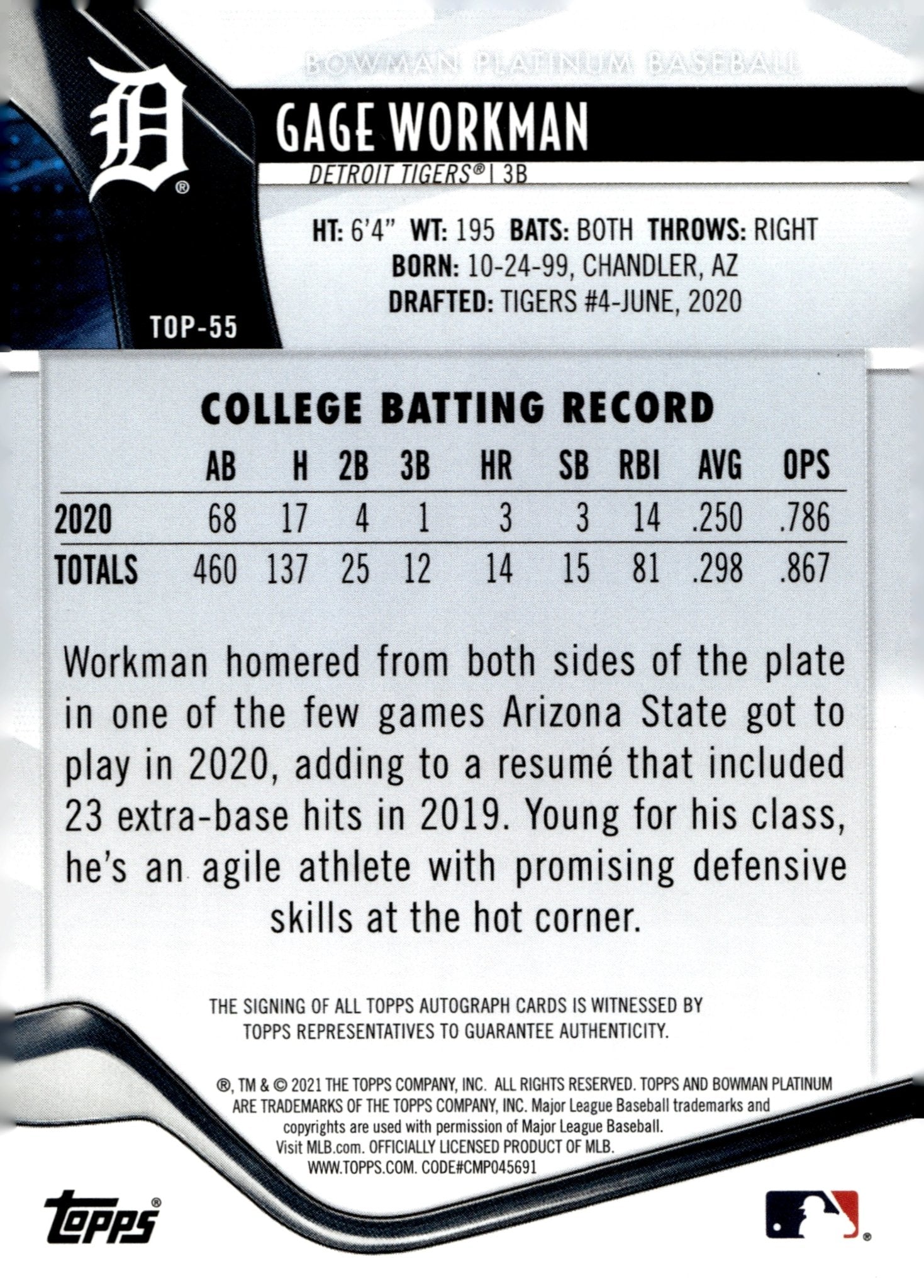 Gage Workman 2021 Bowman Platinum Red Auto 01/10 #TOP - 55 - Collector Store LLC