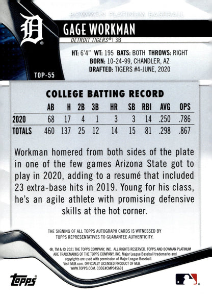Gage Workman 2021 Bowman Platinum Red Auto 01/10 #TOP - 55 - Collector Store LLC