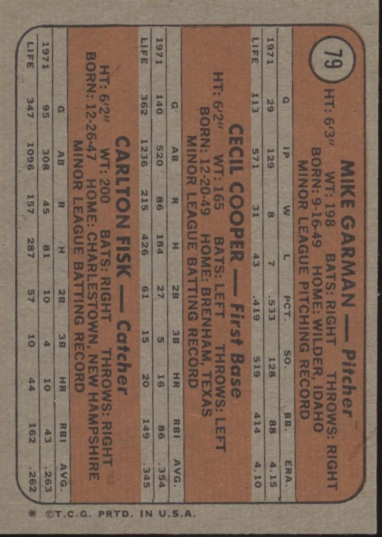 Garman / Cooper / Fisk 1972 Topps Boston Red Sox Rookie Stars #79 EX - Collector Store LLC
