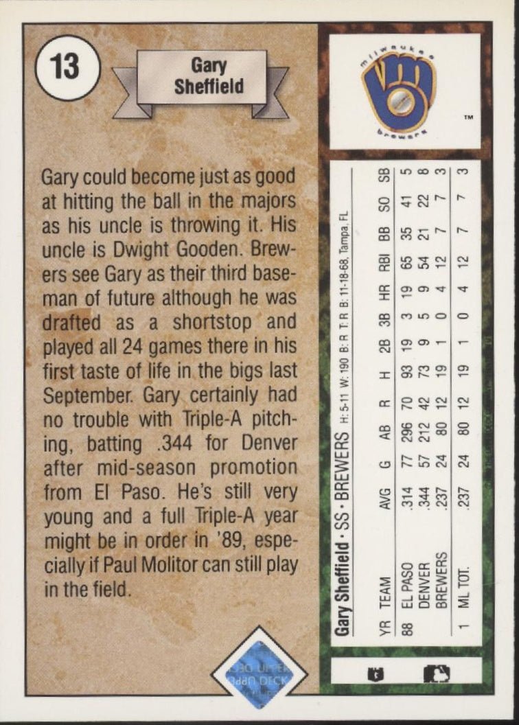 Gary Sheffield 1989 Upper Deck RC #13 - Collector Store LLC