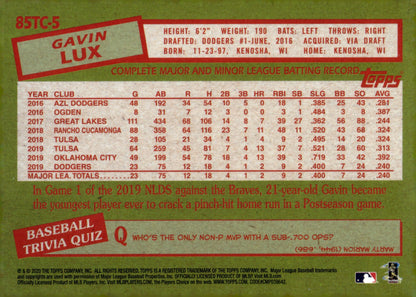 Gavin Lux 2020 Topps Chrome 35th Anniversary Refractor RC #85TC - 5 - Collector Store LLC