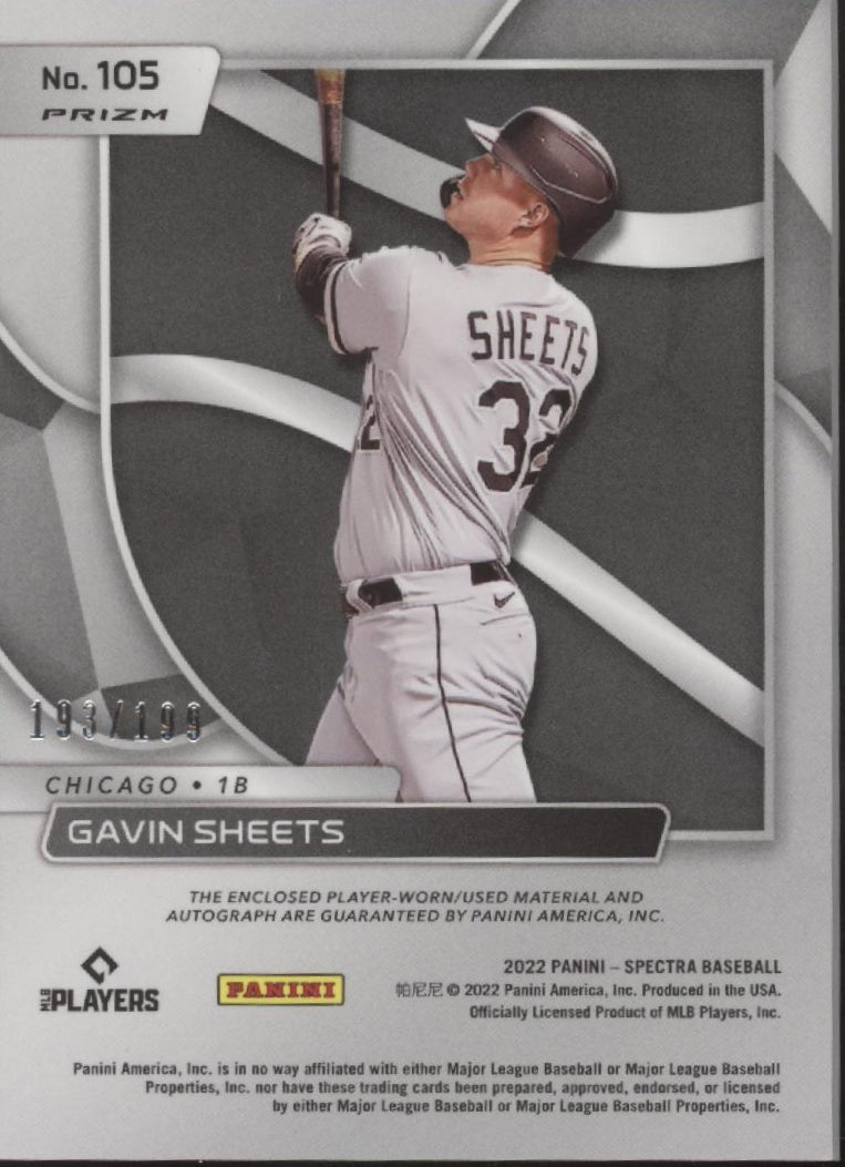 Gavin Sheets 2022 Panini Spectra Swatch Prizm RC Auto 193/199 #105 - Collector Store LLC