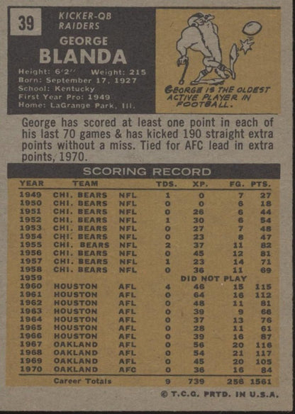 George Blanda 1971 Topps #39 Oakland Raiders EX - NM - Collector Store LLC