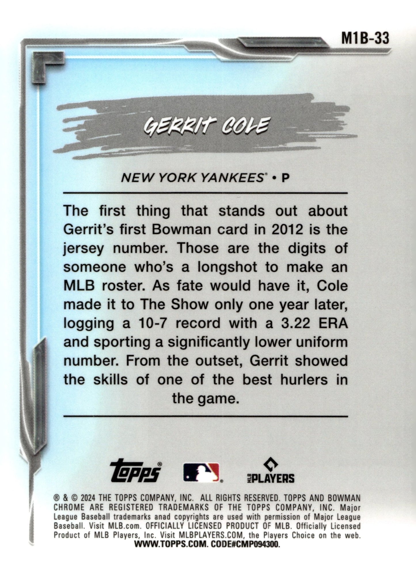 Gerrit Cole 2024 Bowman Chrome My 1st Bowman Mojo Refractor M1B - 33 4 - Collector Store LLC