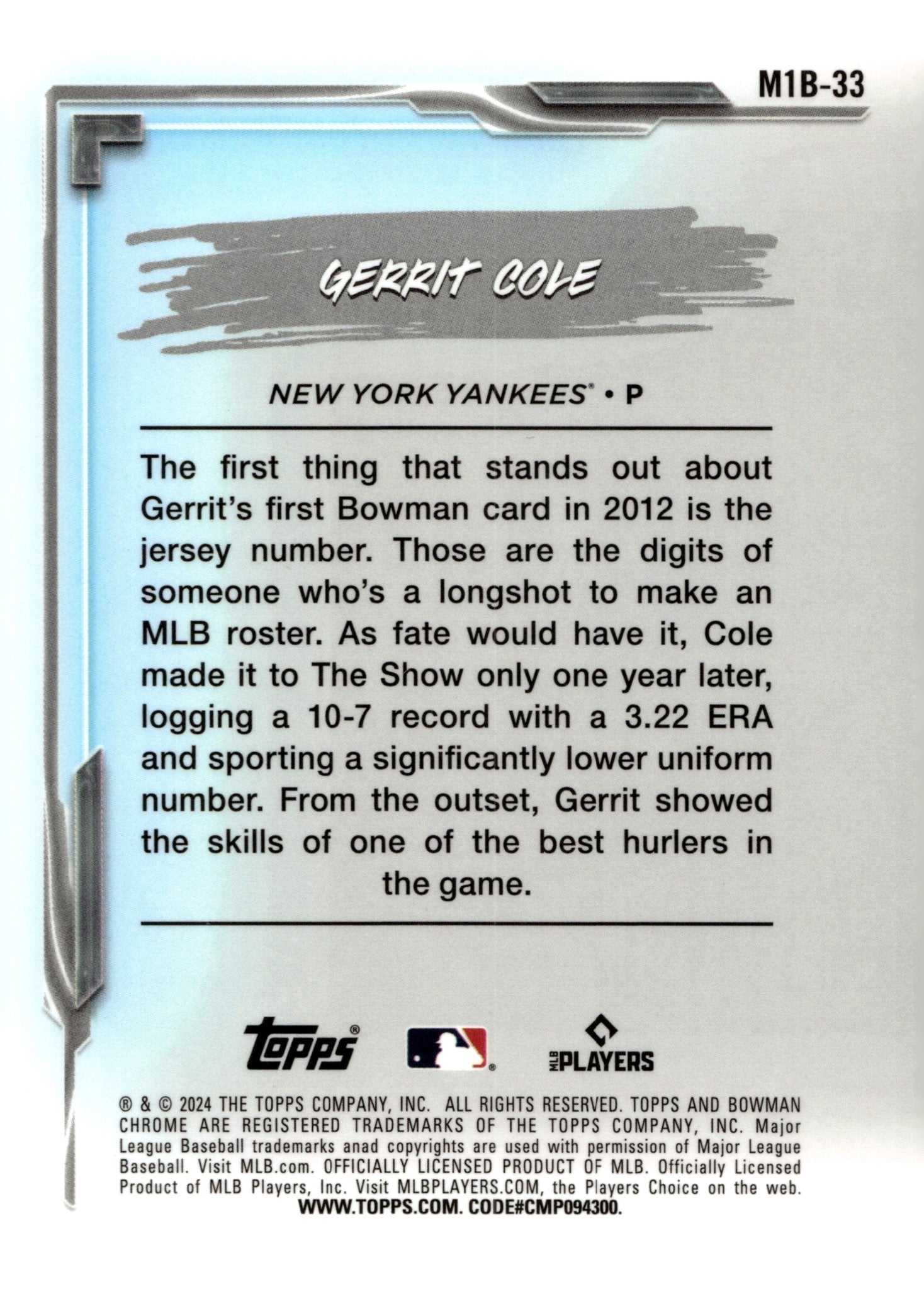 Gerrit Cole 2024 Bowman Chrome My 1st Bowman Mojo Refractor M1B - 33 4 - Collector Store LLC