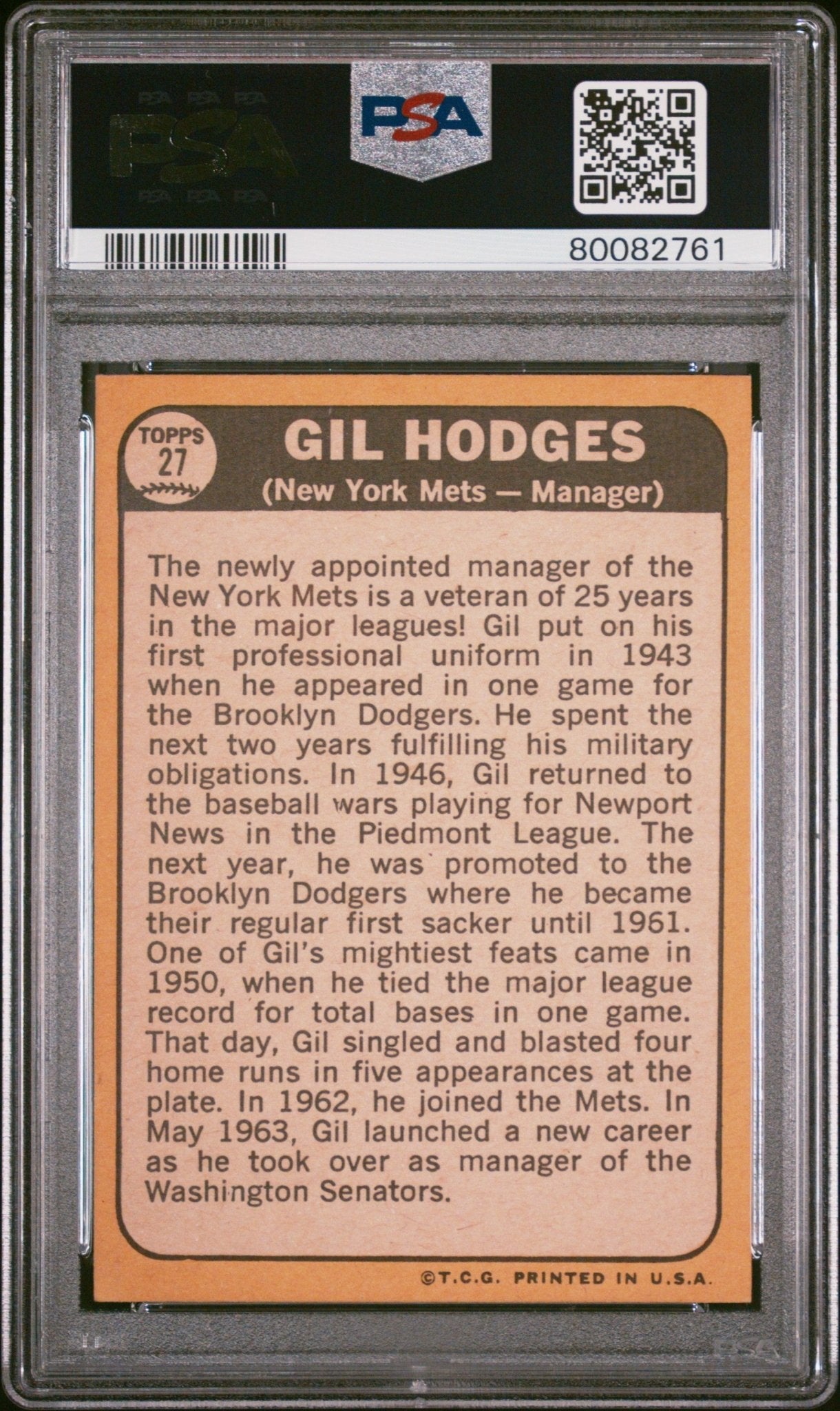 Gil Hodges 1968 Topps #27 PSA 8 - Collector Store LLC