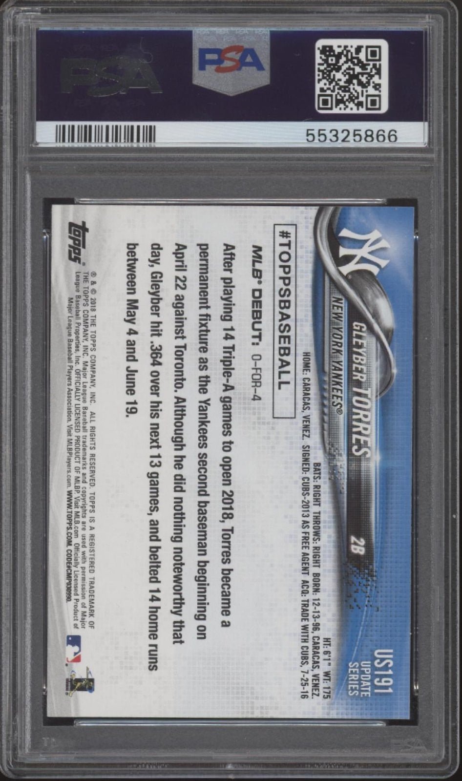 Gleyber Torres 2018 Topps Update Series RC #US191 PSA 10 - Collector Store LLC