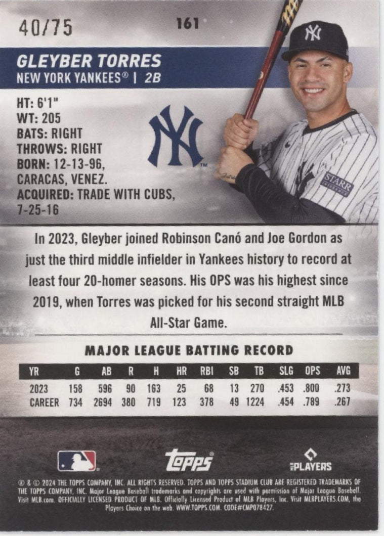 Gleyber Torres 2024 Topps Stadium Club Purple 40/75 161 - Collector Store LLC