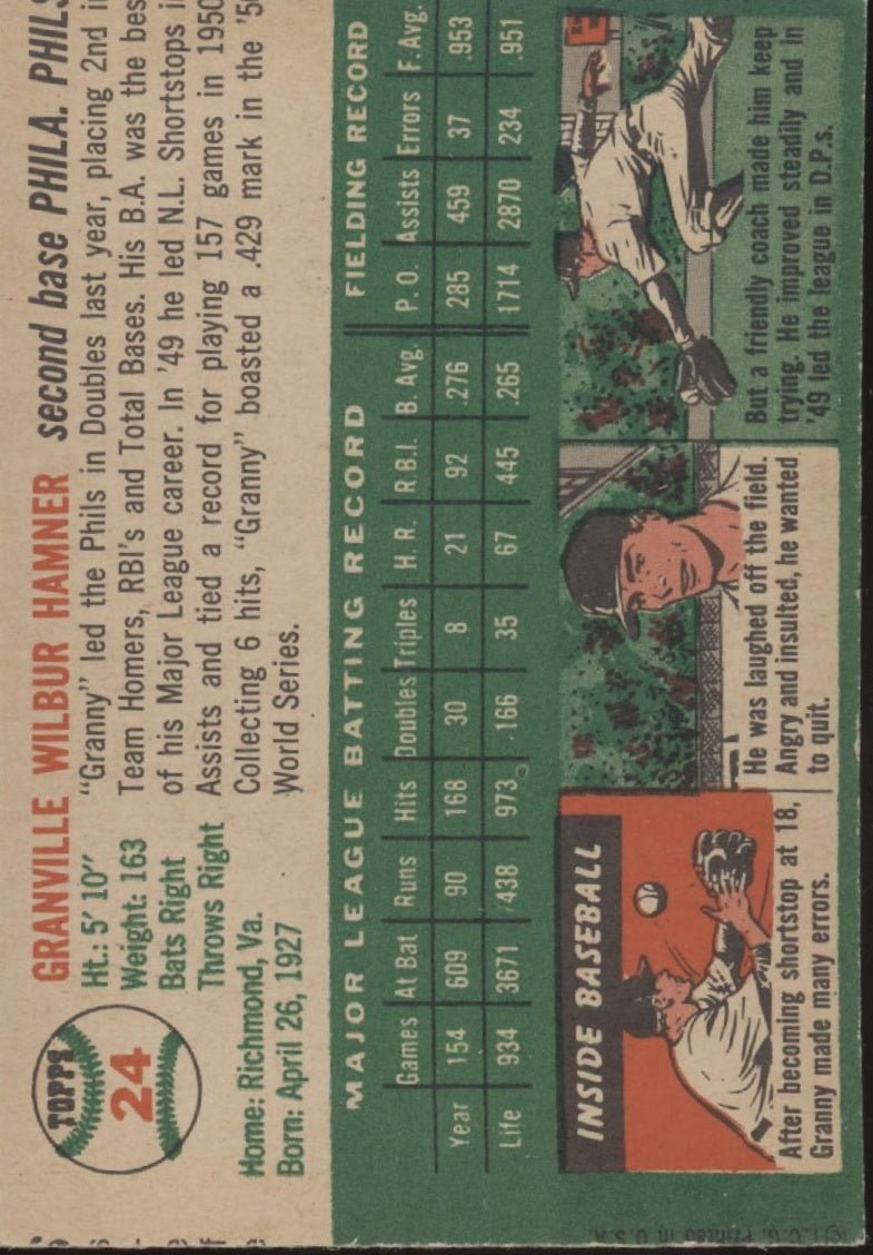 Granny Hamner 1954 Topps 24 Philadelphia Phillies VG - Collector Store LLC