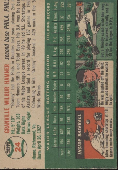 Granny Hamner 1954 Topps 24 Philadelphia Phillies VG - Collector Store LLC