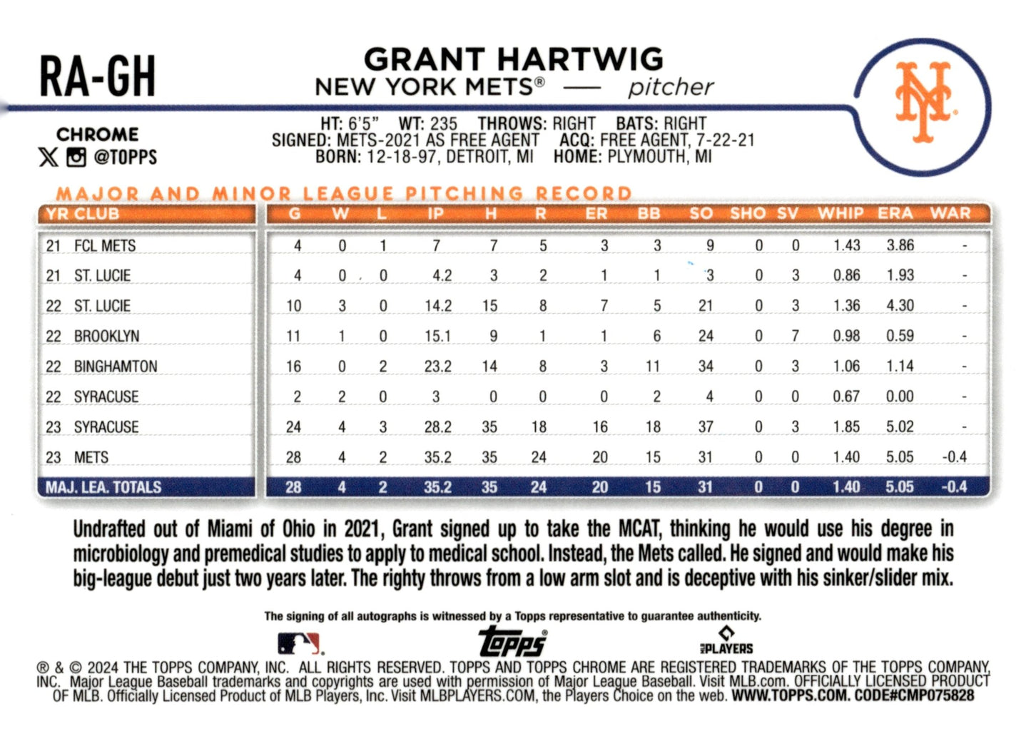 Grant Hartwig 2024 Topps Chrome RC Auto #RA - GH - Collector Store LLC