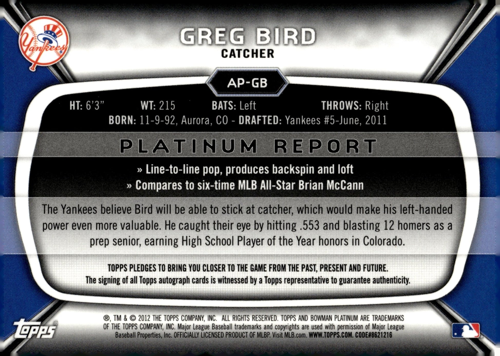Greg Bird 2012 Bowman Platinum Refractor Auto #AP - GB - Collector Store LLC