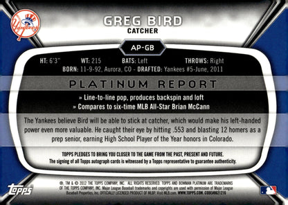 Greg Bird 2012 Bowman Platinum Refractor Auto #AP - GB - Collector Store LLC