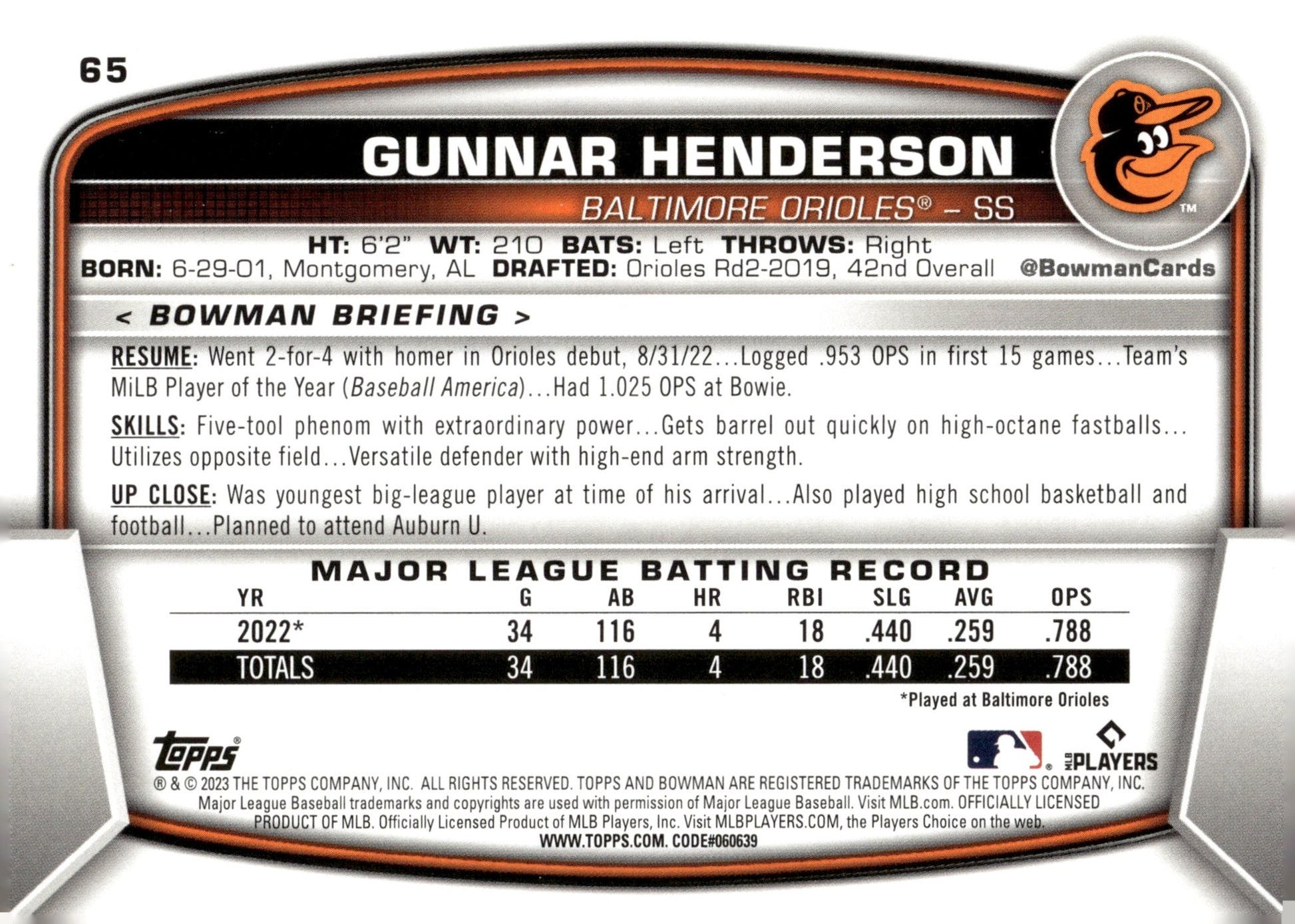 Gunnar Henderson 2023 Bowman RC #65 - Collector Store LLC