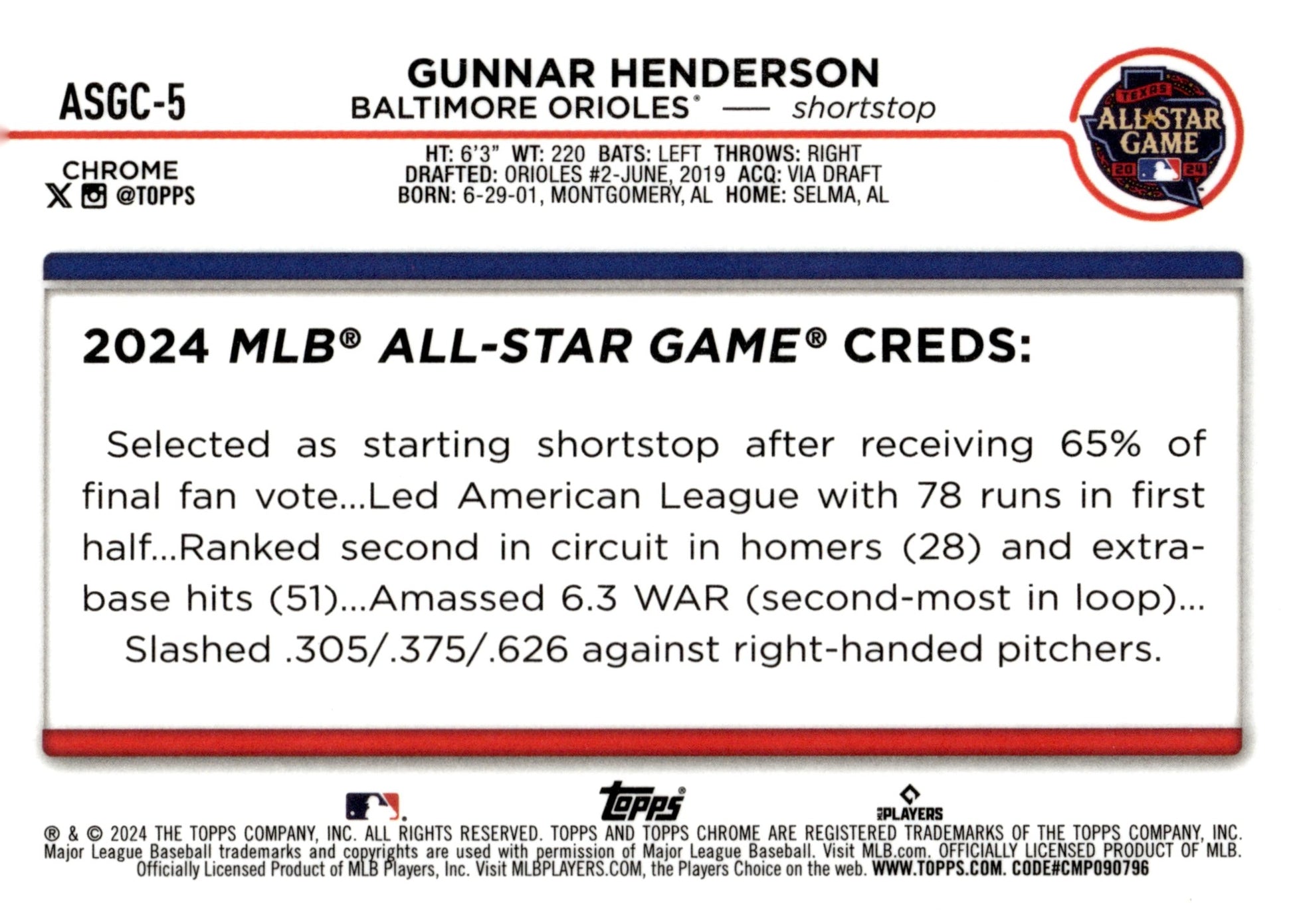 Gunnar Henderson 2024 Topps Chrome All Stag Game Refractor ASGC - 5 1 - Collector Store LLC