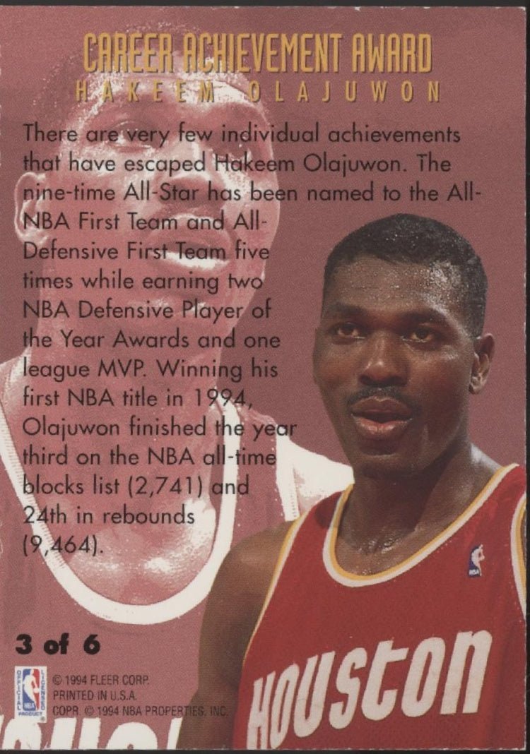 Hakeem Olajuwon 1994 - 95 Fleer Career Award Achievement #3 - Collector Store LLC