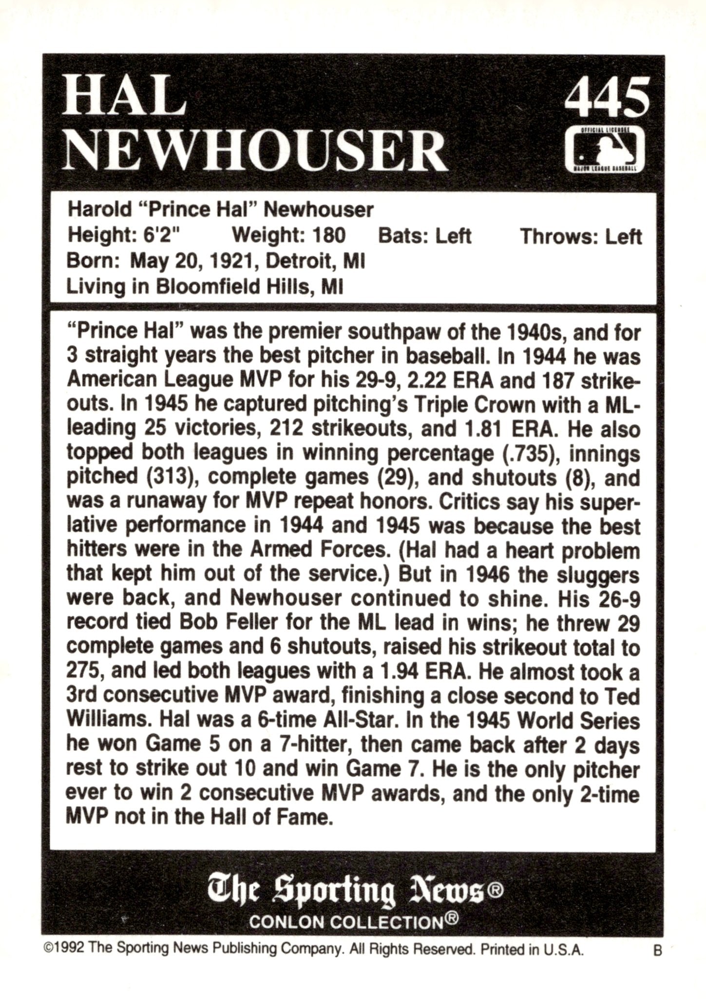 Hal Newhouser 1992 Conlon Sporting News with Non Certified Auto #445 - Collector Store LLC
