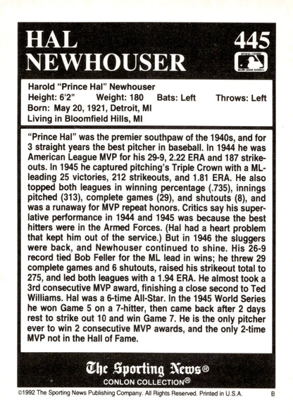 Hal Newhouser 1992 Conlon Sporting News with Non Certified Auto #445 - Collector Store LLC