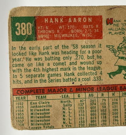 Hank Aaron 1959 Topps #380 Milwaukee Braves PR - Collector Store LLC