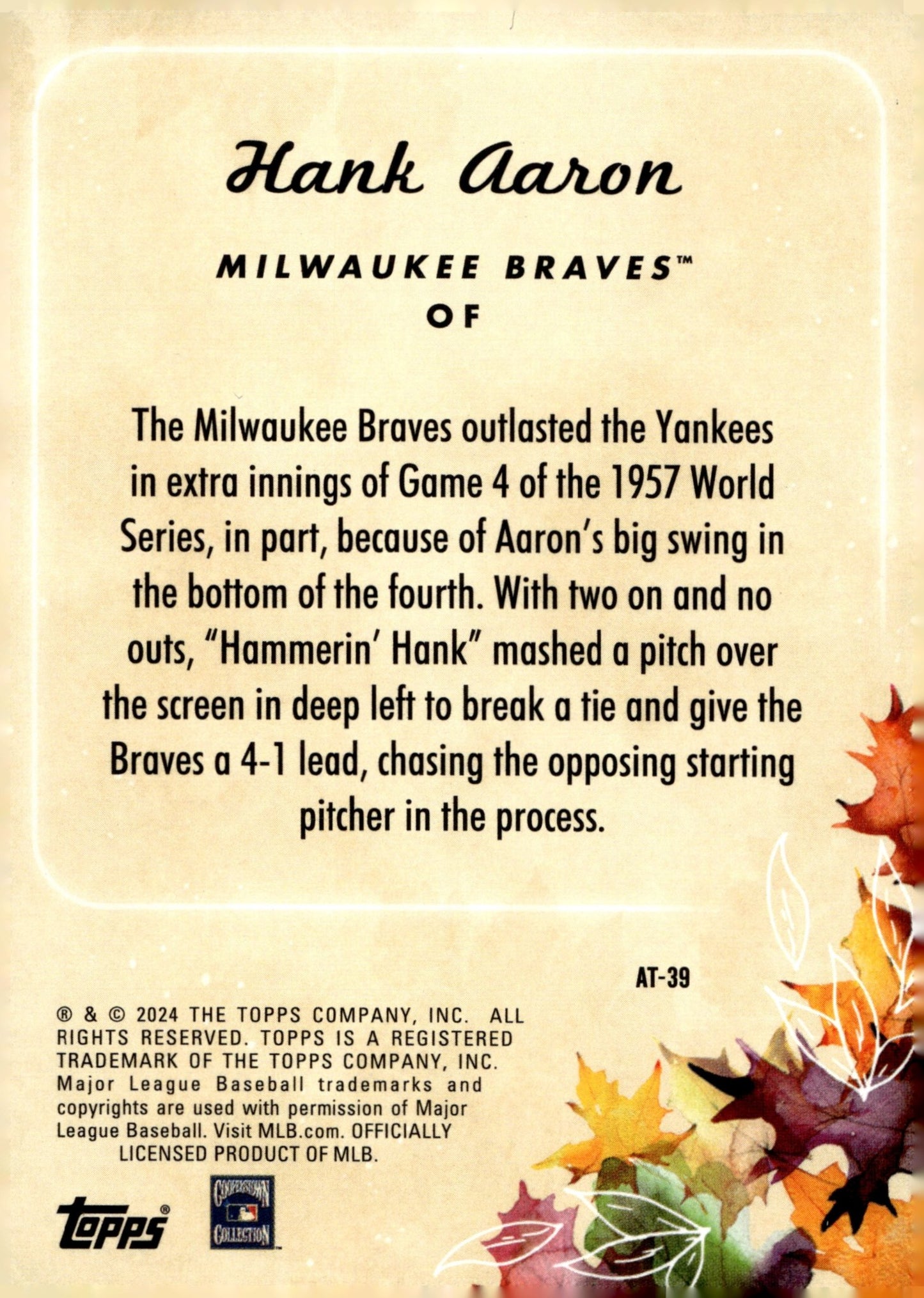 Hank Aaron 2024 Topps Update Series Autumn Tales #AT - 39 - Collector Store LLC