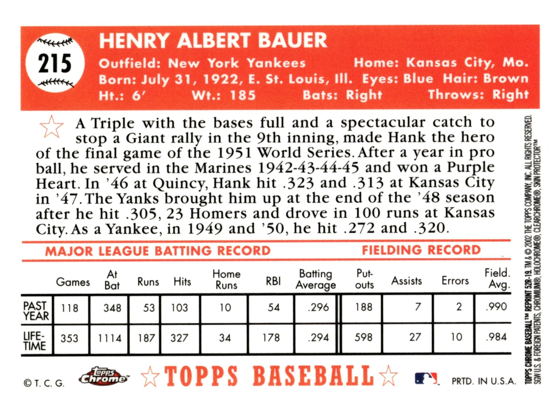 Hank Bauer 2002 Topps Chrome Reprint 215 - Collector Store LLC