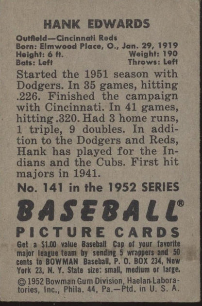 Hank Edwards 1952 Bowman #141 Cincinnati Reds VG - EX - Collector Store LLC