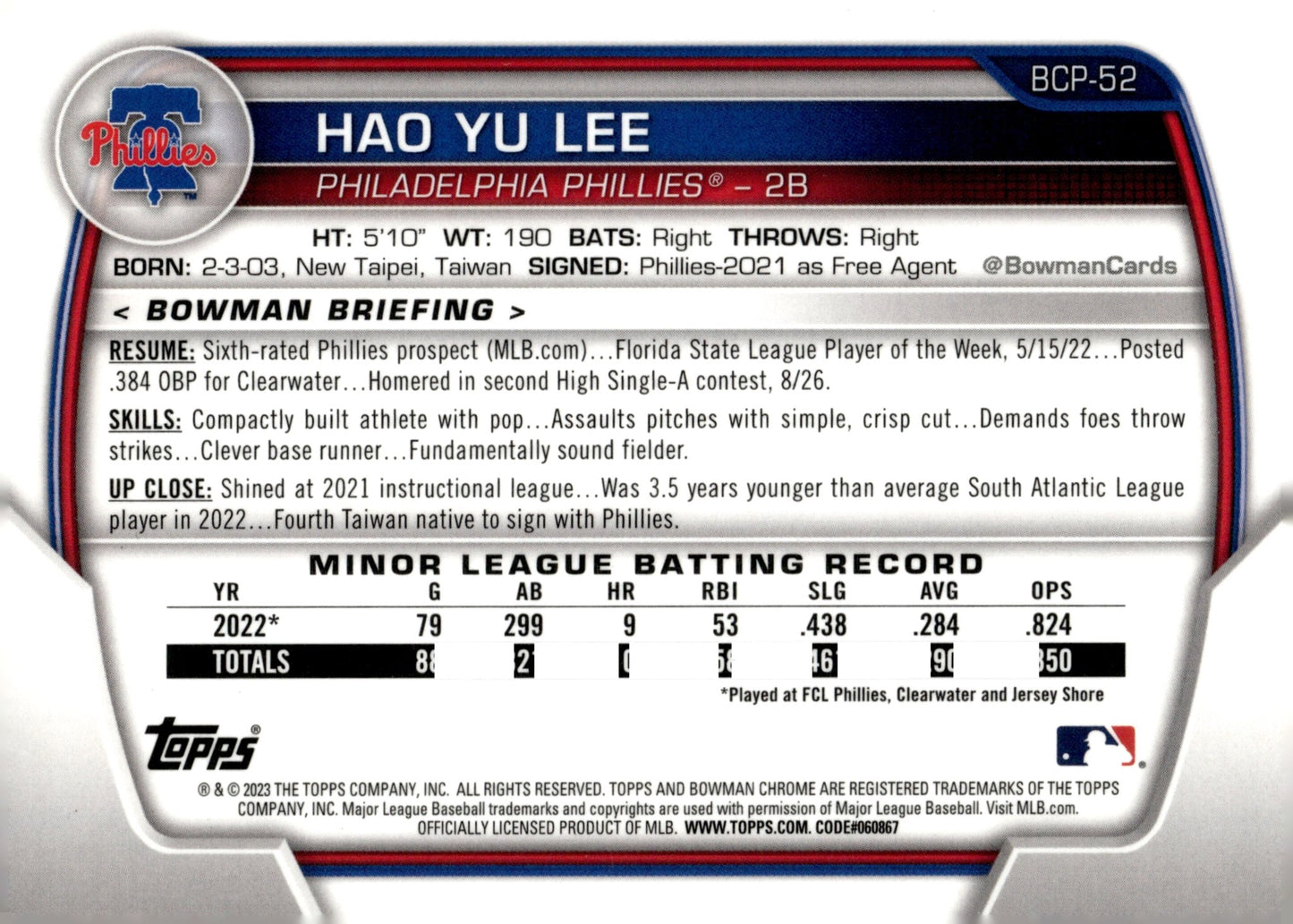 Hao Yu Lee 2023 Bowman Chrome Mojo Refractor BCP - 52 - Collector Store LLC