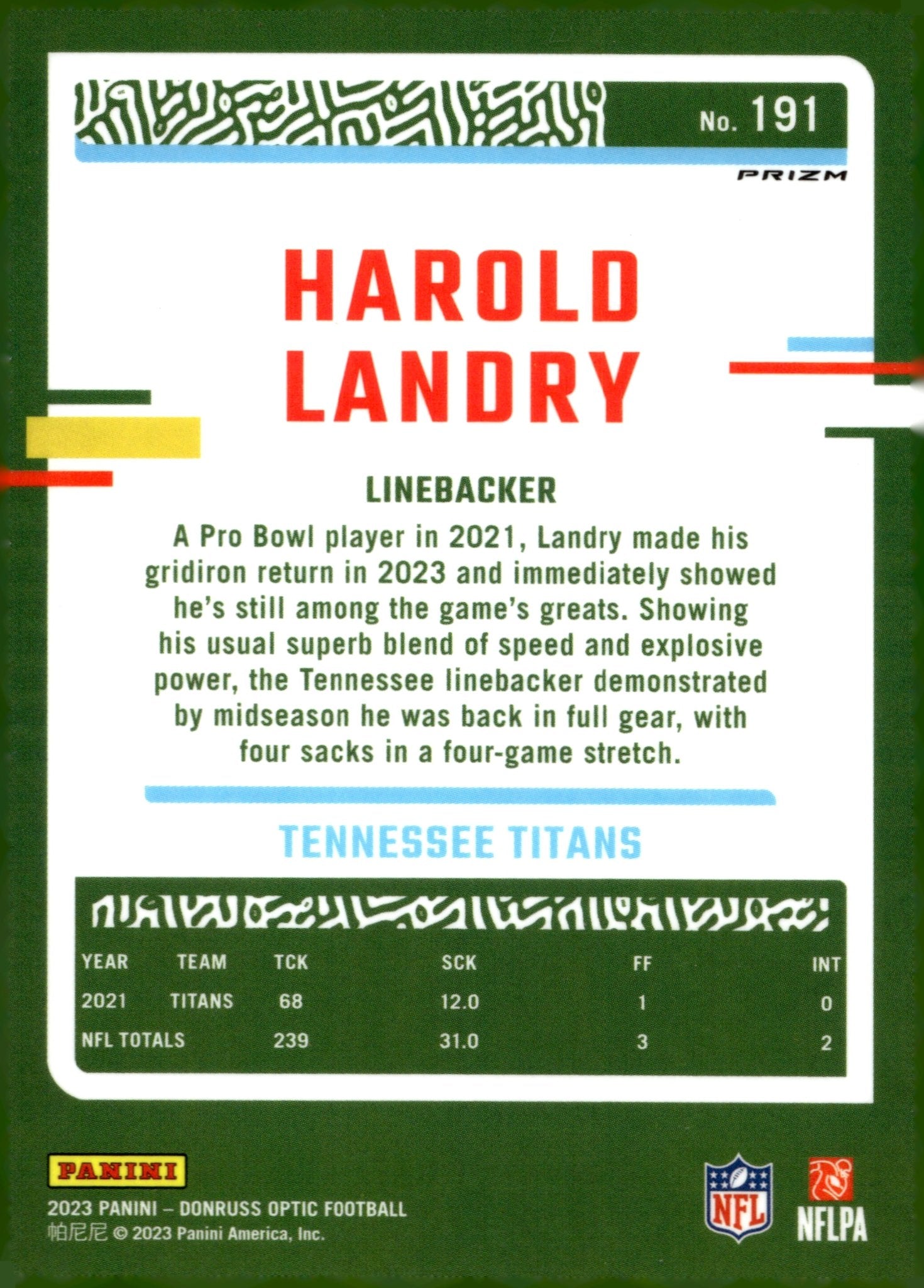 Harold Landry 2023 Panini Donruss Optic Rocket Prizm #191 - Collector Store LLC