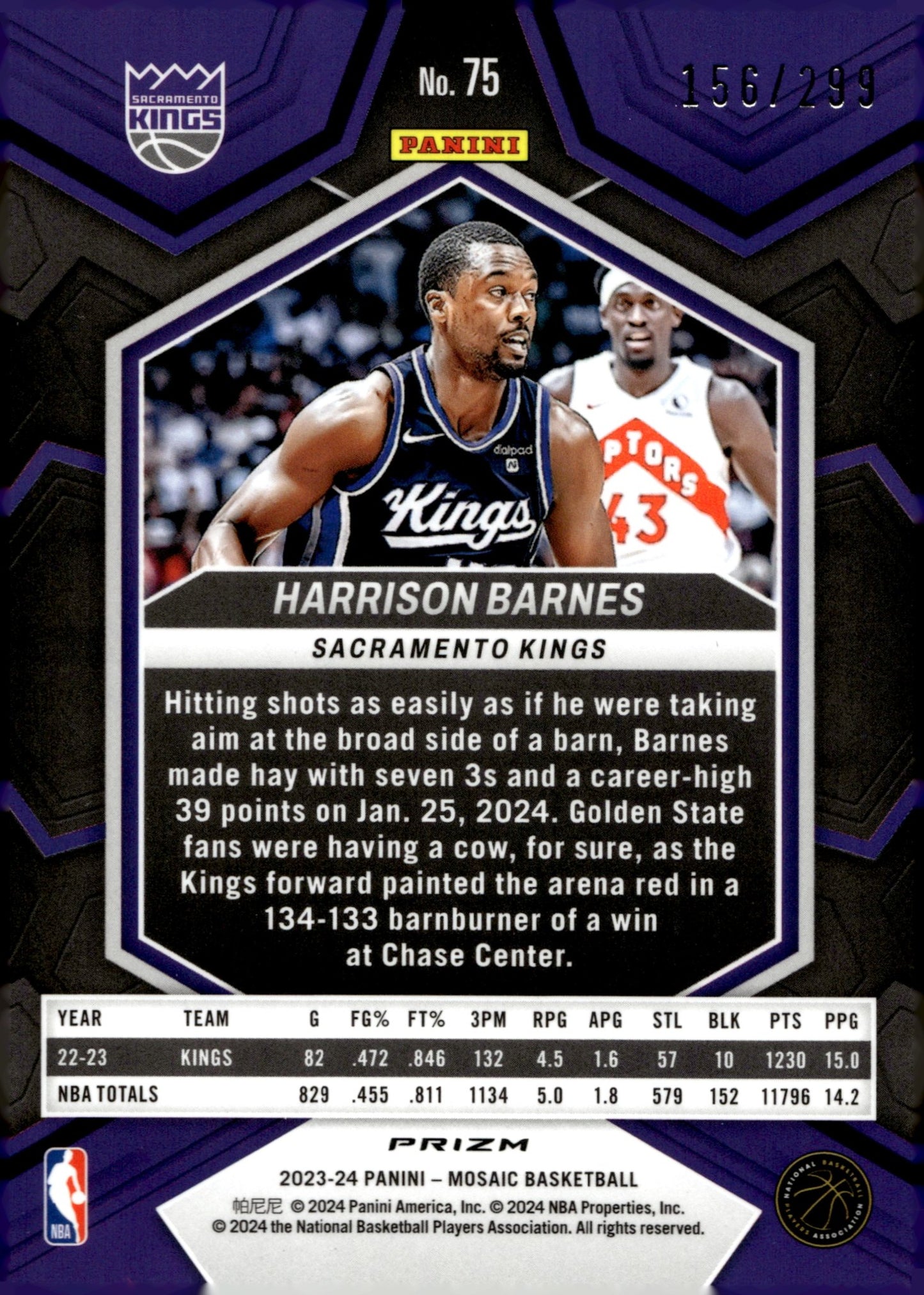 Harrison Barnes 2023 - 24 Panini Mosaic Red Ray Wave Prizm 156/299 #75 - Collector Store LLC