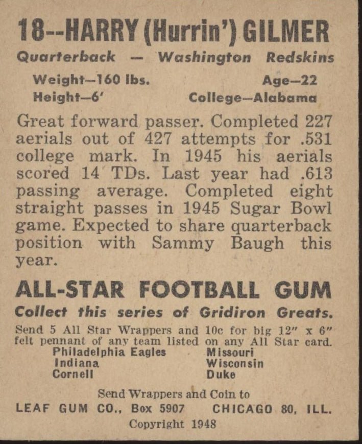 Harry Gilmer 1948 Leaf #18 Washington Redskins VG - EX - Collector Store LLC