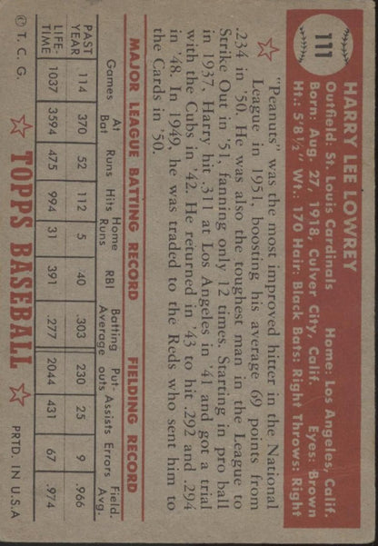 Harry Lowrey 1952 Topps #111 St. Louis Cardinals VG - Collector Store LLC
