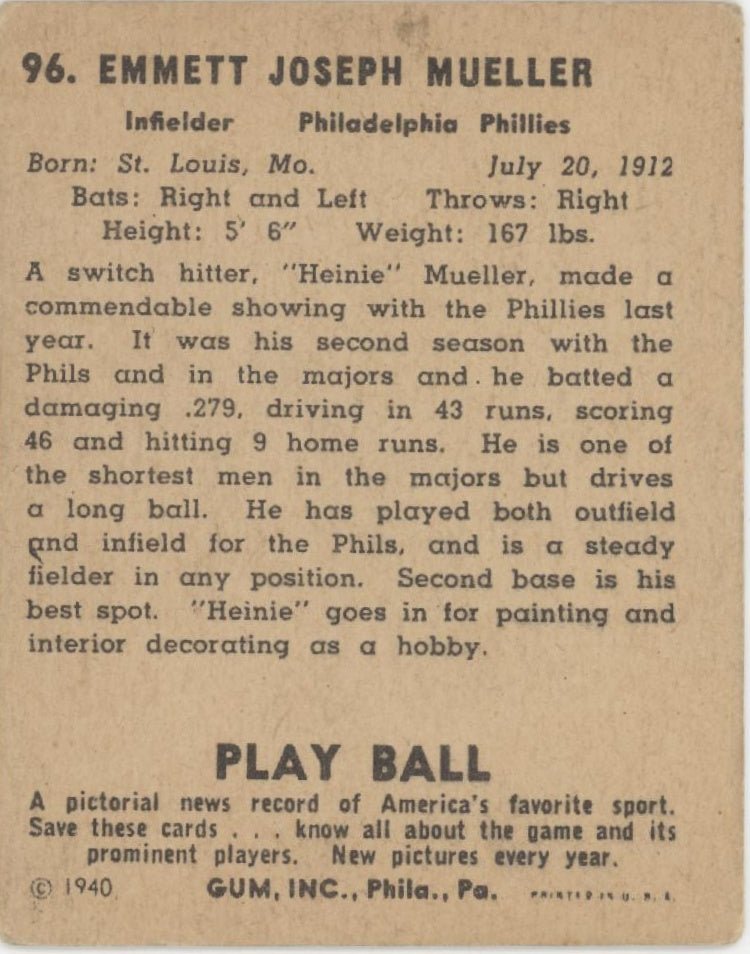 Heinie Mueller 1940 Play Ball #96 Philadelphia Phillies VG - Collector Store LLC