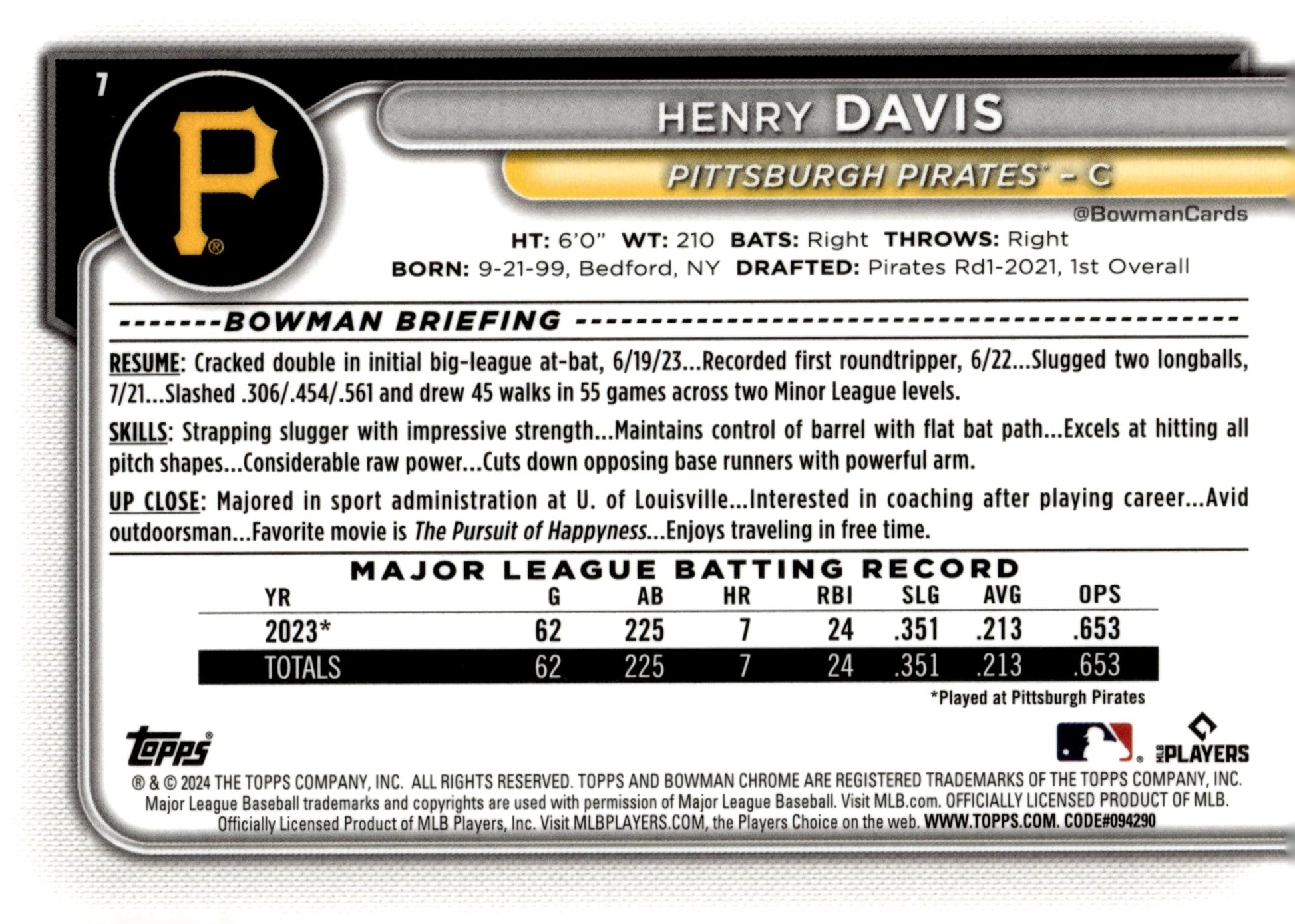 Henry Davis 2024 Bowman Chrome Mojo Refractor RC 7 2 - Collector Store LLC