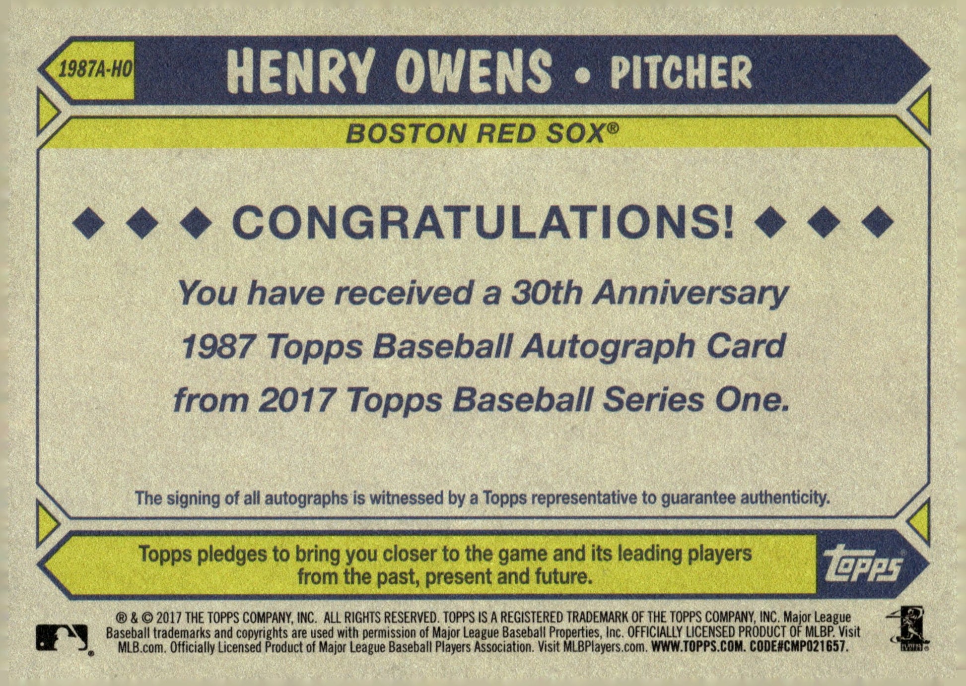 Henry Owens 2017 Topps Series 1 '87 Auto #1987A - HO - Collector Store LLC