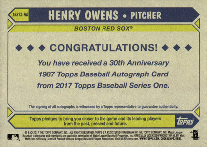 Henry Owens 2017 Topps Series 1 '87 Auto #1987A - HO - Collector Store LLC