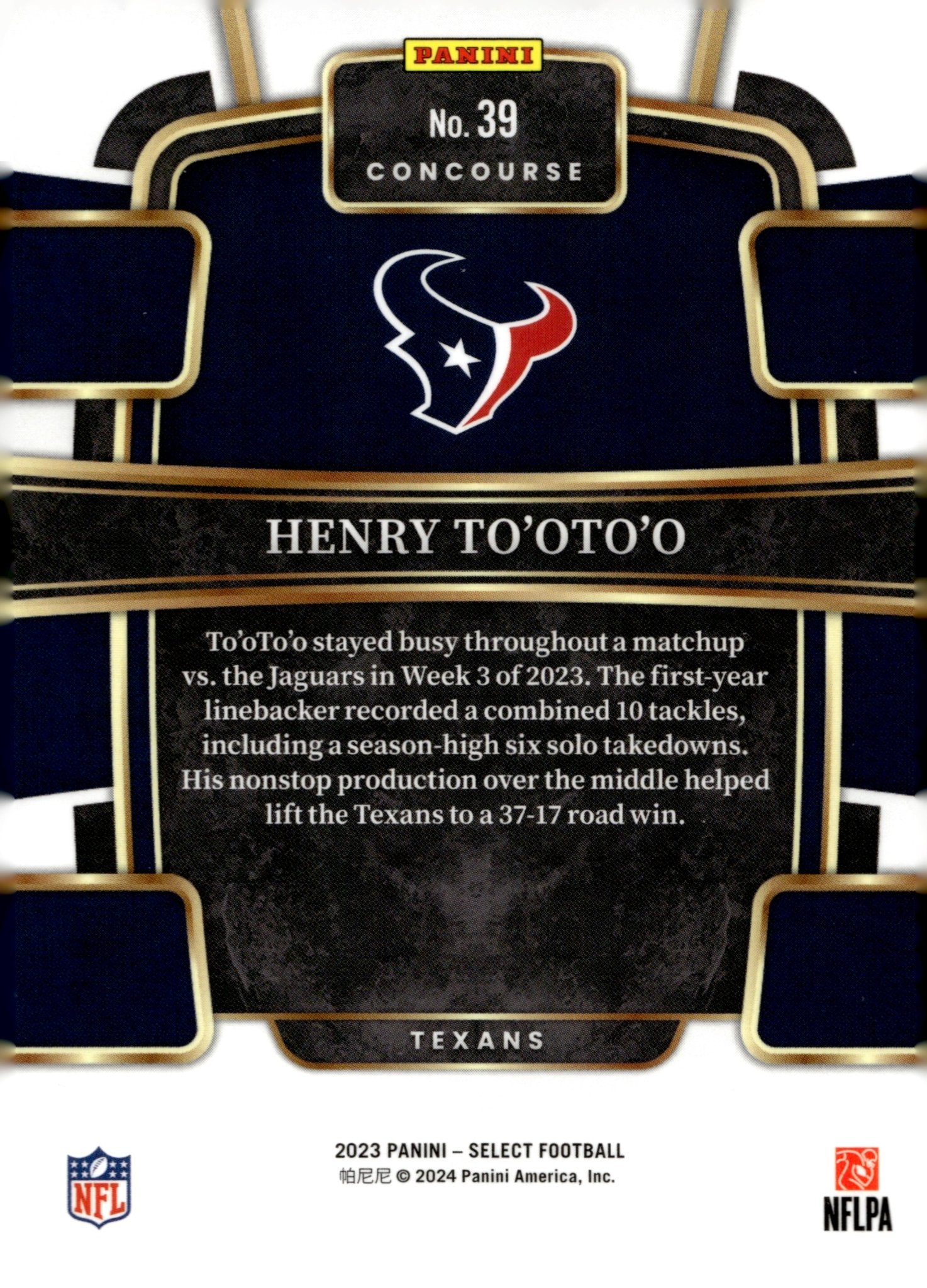 Henry To'Oto'O 2023 Panini Select RC #39 - Collector Store LLC