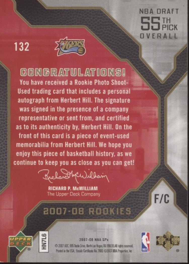 Herbert Hill 2007 - 08 Upper Deck SPX Swatch RC Auto 305/825 #132 - Collector Store LLC