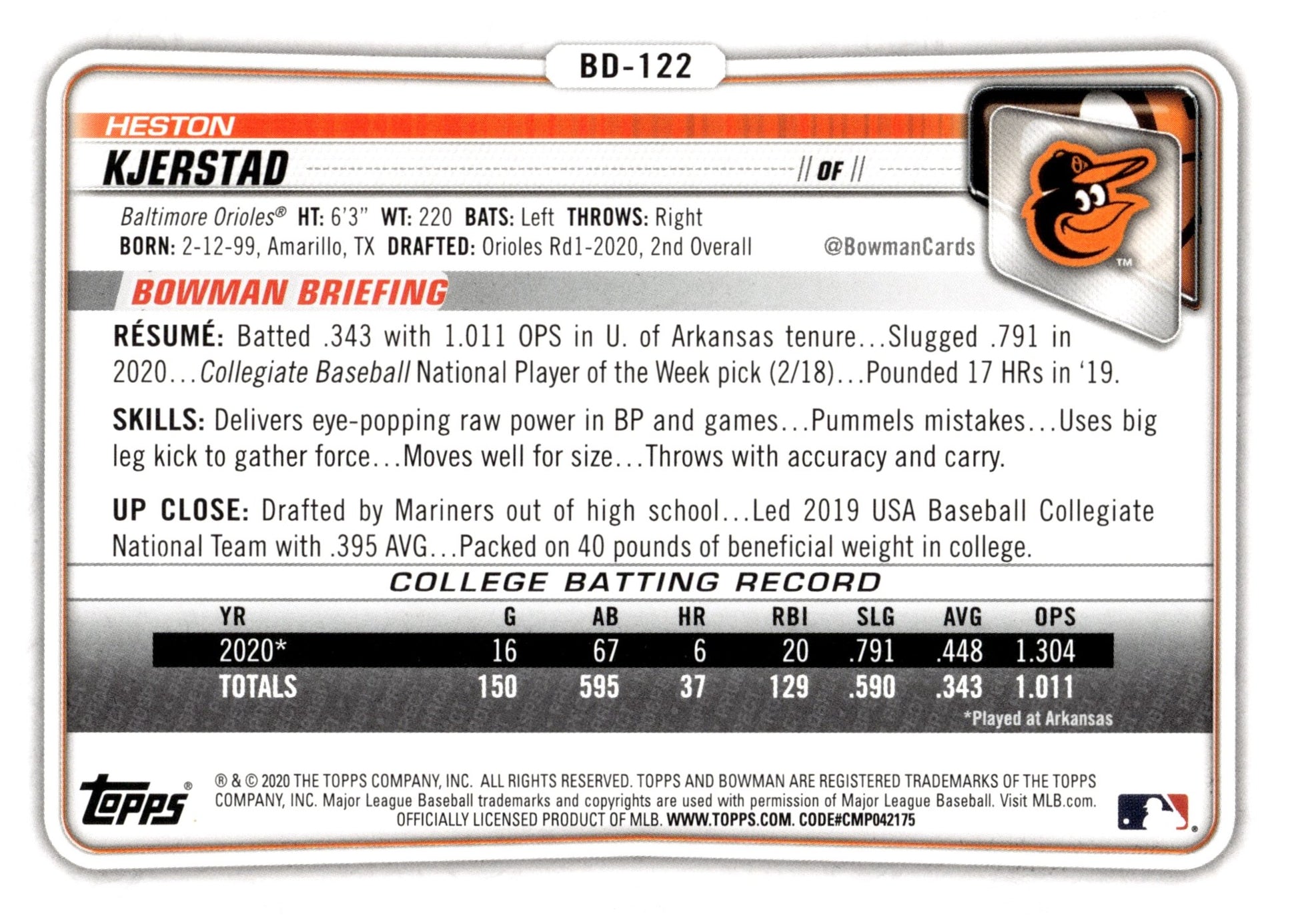 Heston Kjerstad 2020 Bowman Prospect #BD - 122 - Collector Store LLC