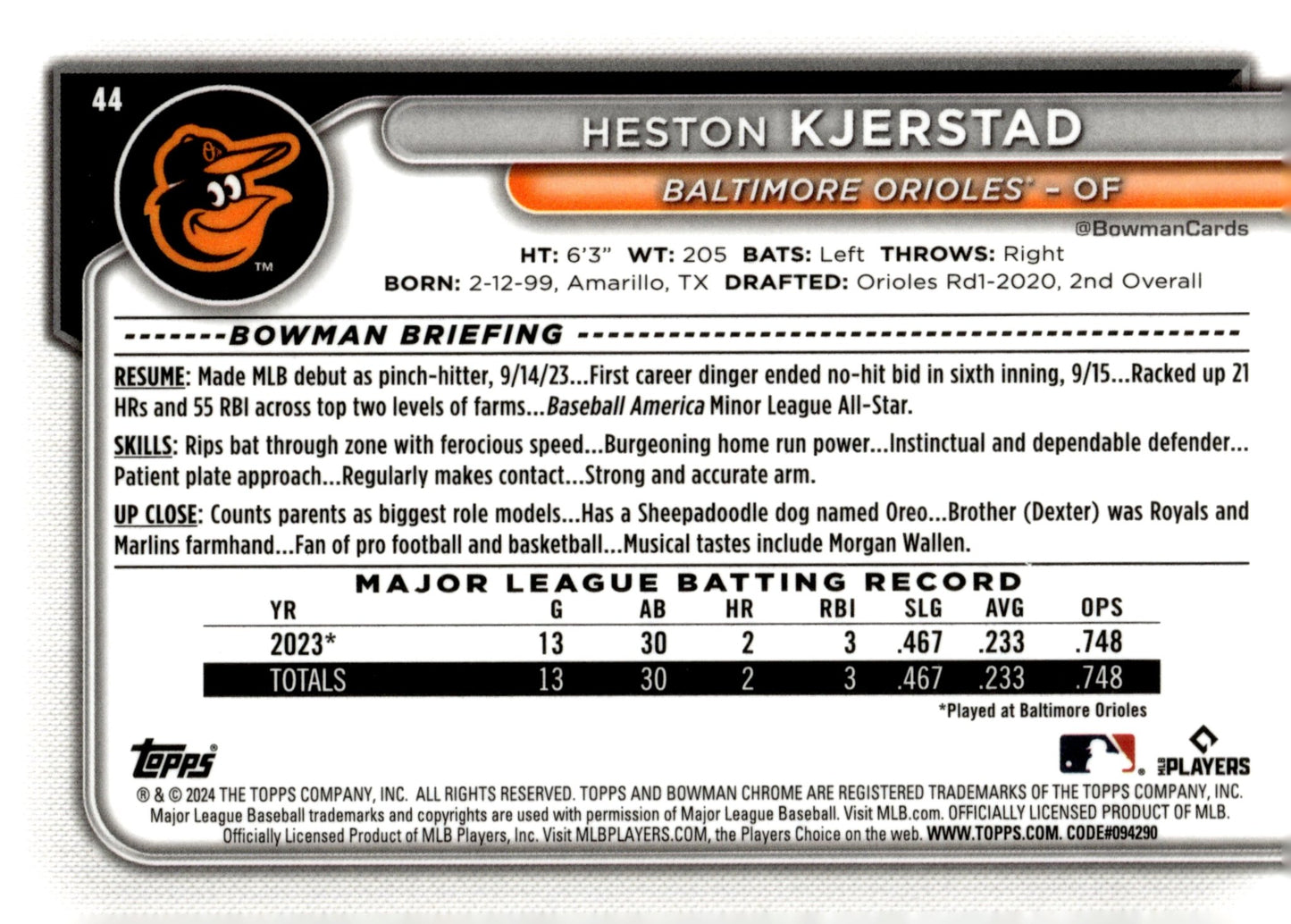 Heston Kjerstad 2024 Bowman Chrome Aqua Mojo Refractor RC 094/299 #44 - Collector Store LLC