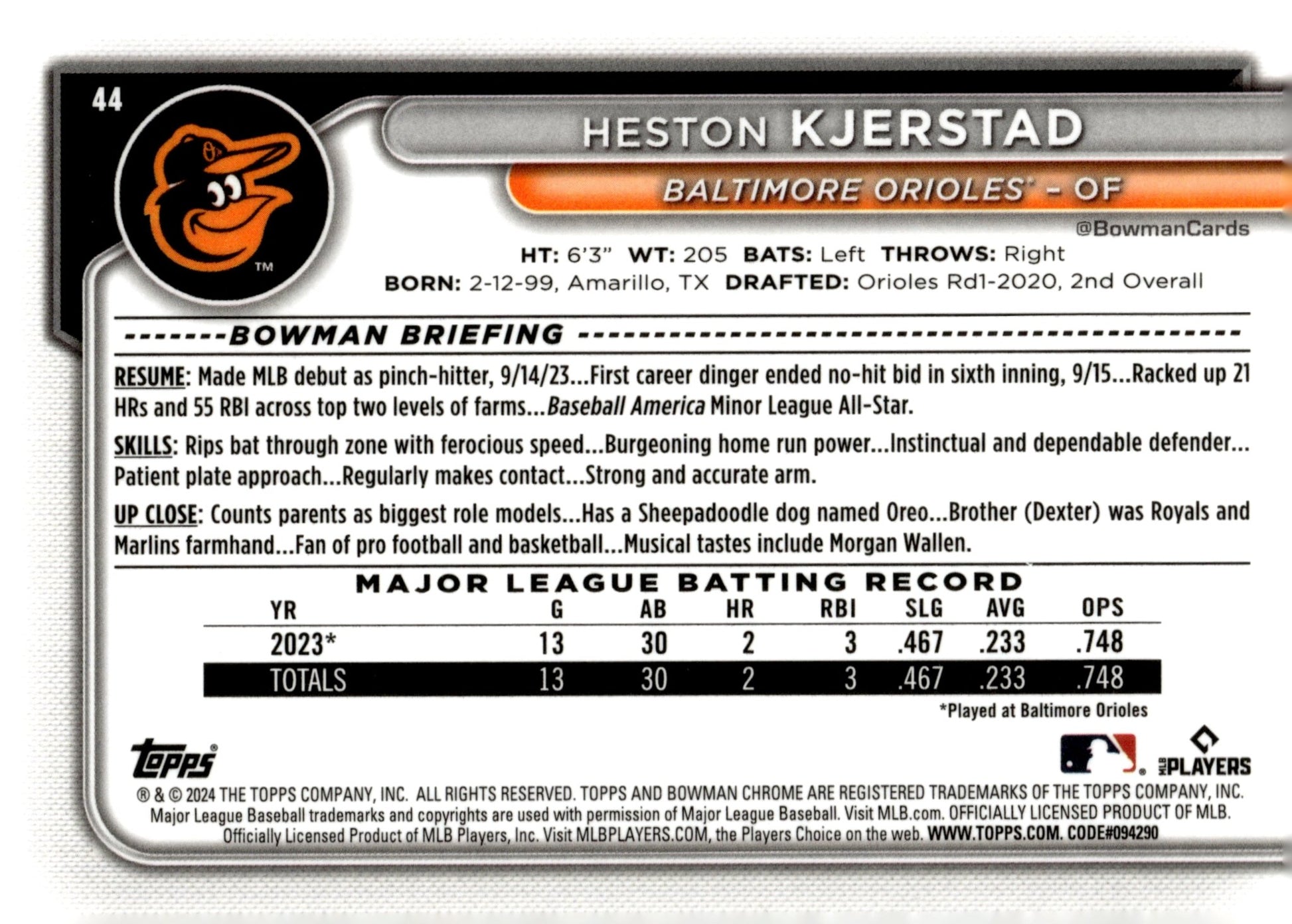 Heston Kjerstad 2024 Bowman Chrome Aqua Mojo Refractor RC 094/299 #44 - Collector Store LLC