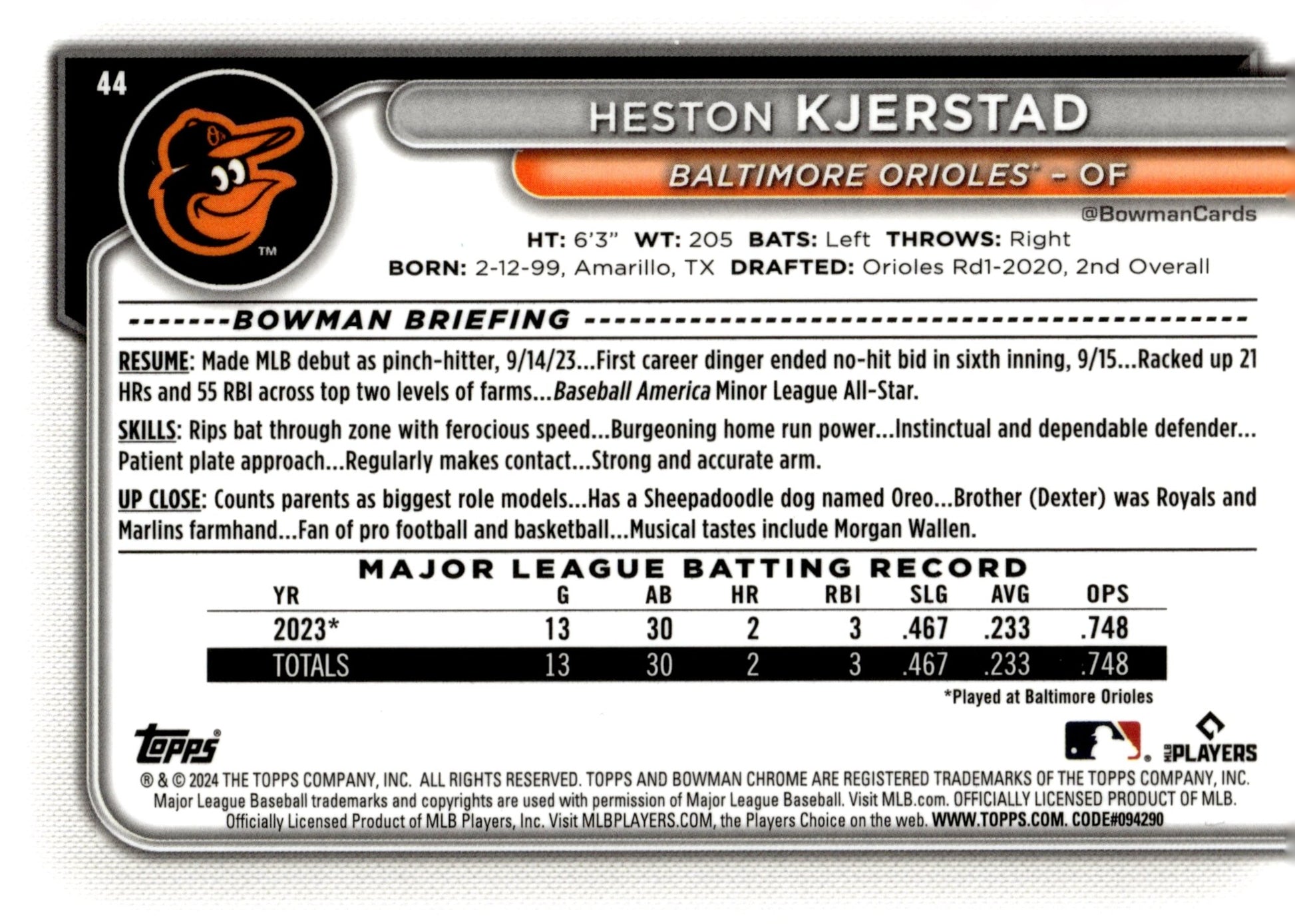 Heston Kjerstad 2024 Bowman Chrome Mojo Refractor RC #44 - Collector Store LLC