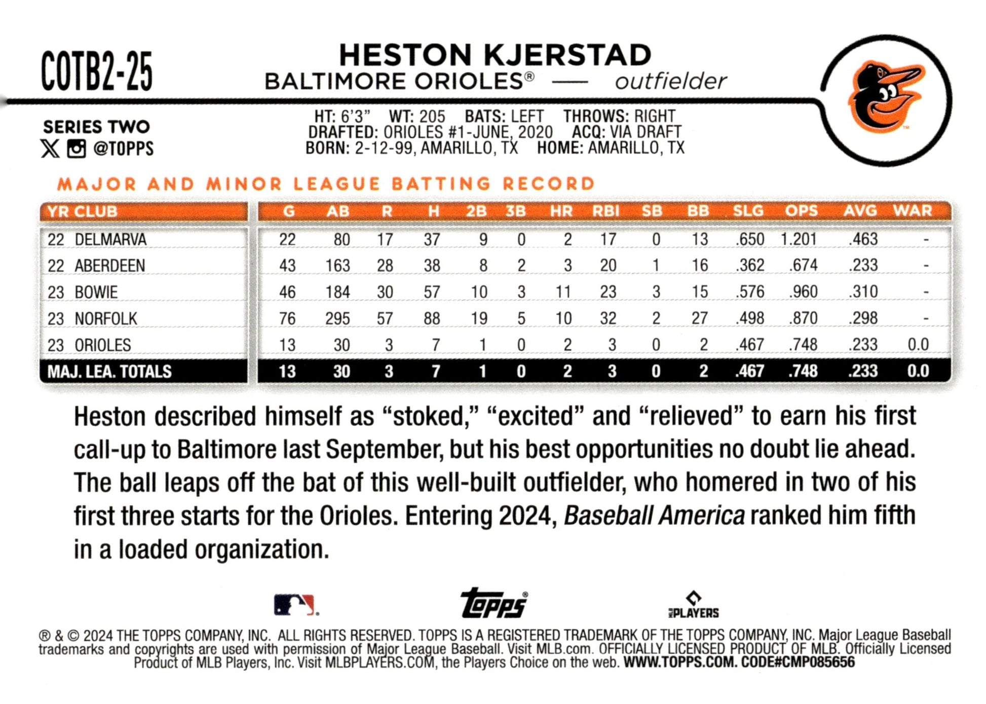 Heston Kjerstad 2024 Topps Series 2 RC COTB2 - 25 - Collector Store LLC