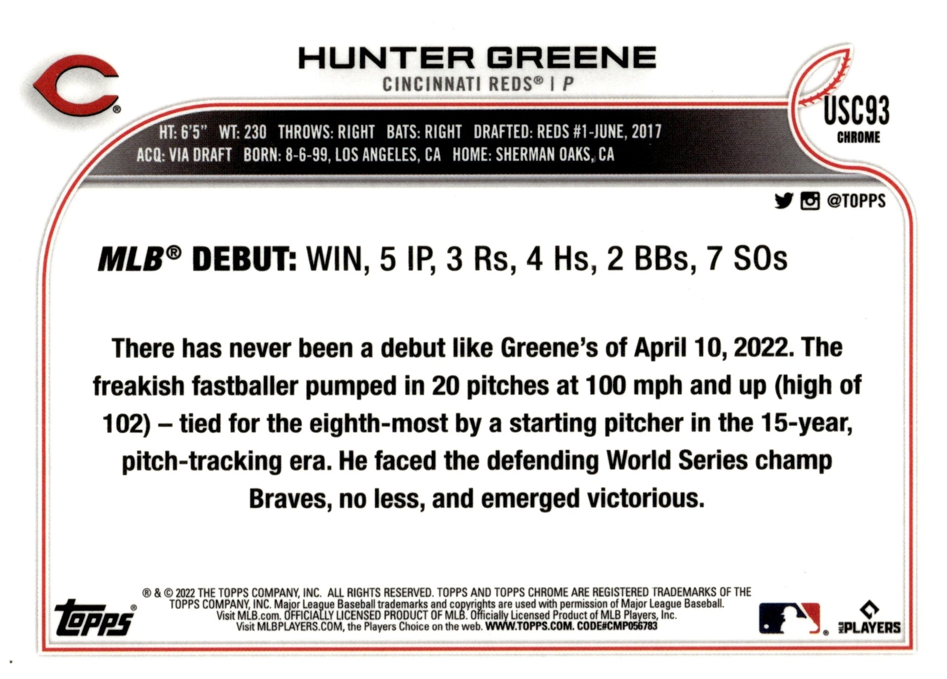 Hunter Greene 2022 Topps Chrome Purple Refractor RC #USC93 - Collector Store LLC